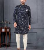 Silk Blue Reception Sherwani with Floral Embroidery
