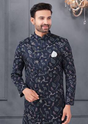 Silk Blue Reception Sherwani with Floral Embroidery 2