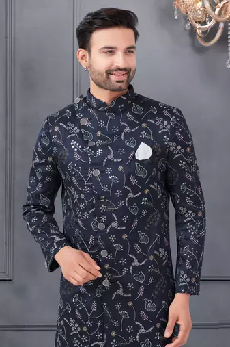 Silk Blue Reception Sherwani with Floral Embroidery