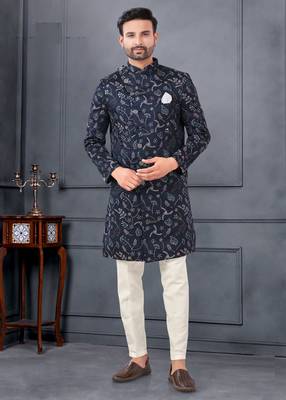 Silk Blue Reception Sherwani with Floral Embroidery 3