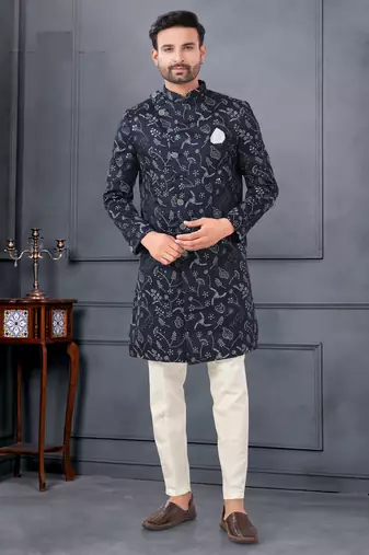 Silk Blue Reception Sherwani with Floral Embroidery