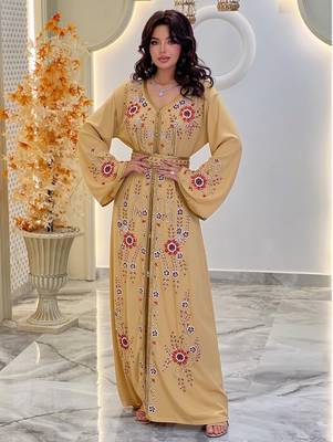 Beige color Handmade Moroccan Kaftan with hijjab 1