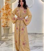 Beige color Handmade Moroccan Kaftan with hijjab