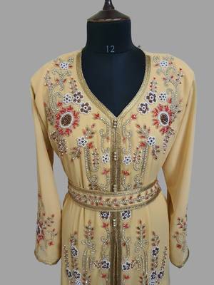 Beige color Handmade Moroccan Kaftan with hijjab 2