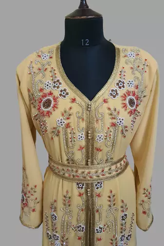 Beige color Handmade Moroccan Kaftan with hijjab