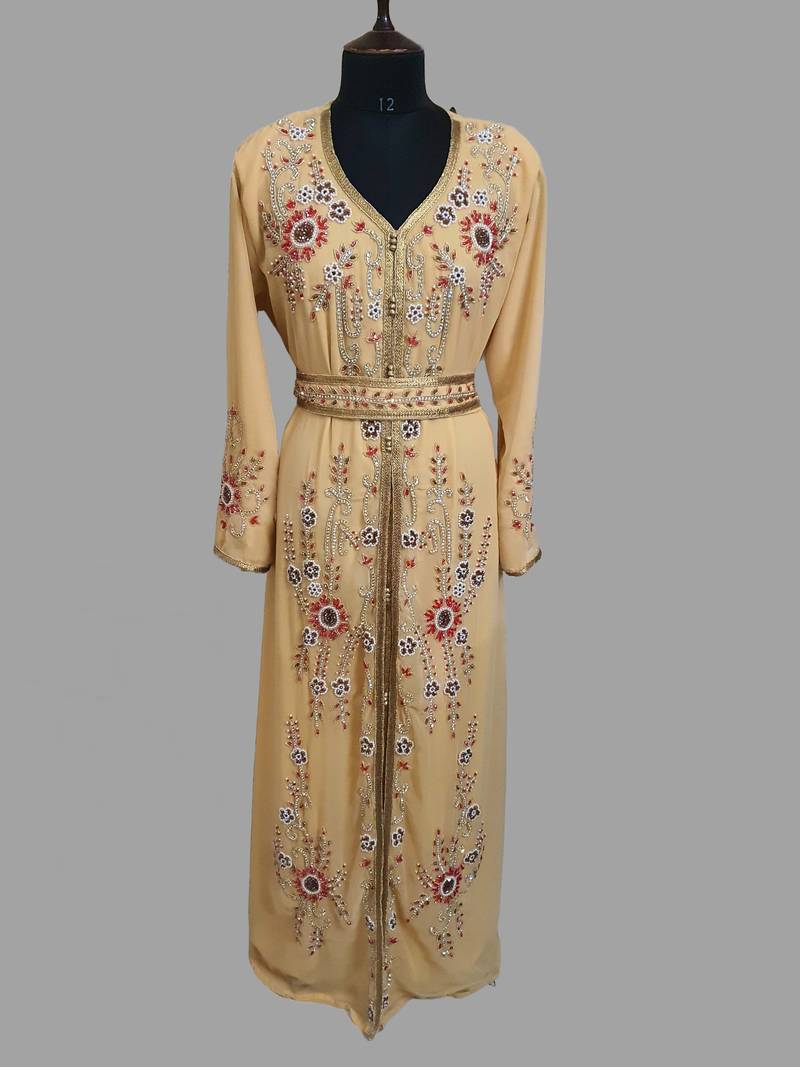 Beige color Handmade Moroccan Kaftan with hijjab