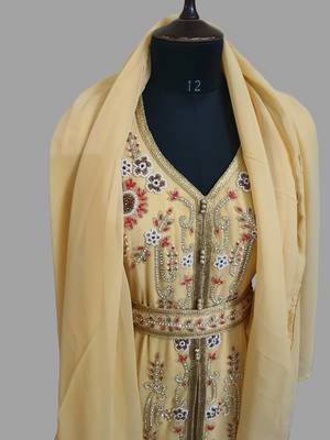 Beige color Handmade Moroccan Kaftan with hijjab 4