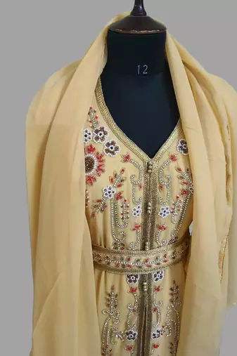Beige color Handmade Moroccan Kaftan with hijjab