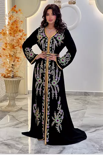 Black color Handmade Moroccan Kaftan with hijjab