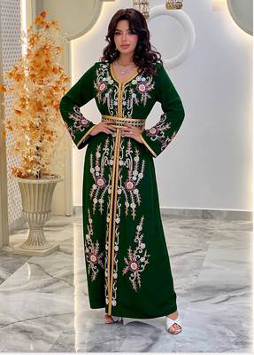 Dark Green color Handmade Moroccan Kaftan with hijjab 1