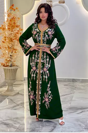 Dark Green color Handmade Moroccan Kaftan with hijjab