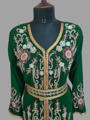 Dark Green color Handmade Moroccan Kaftan with hijjab 2