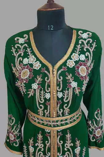 Dark Green color Handmade Moroccan Kaftan with hijjab