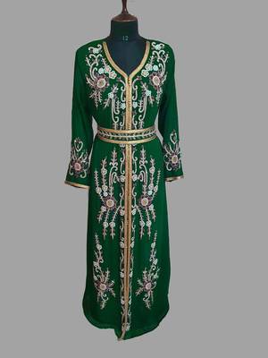 Dark Green color Handmade Moroccan Kaftan with hijjab 3