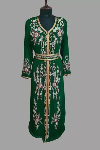 Dark Green color Handmade Moroccan Kaftan with hijjab