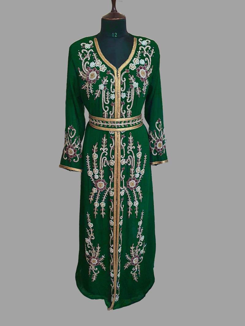 Dark Green color Handmade Moroccan Kaftan with hijjab