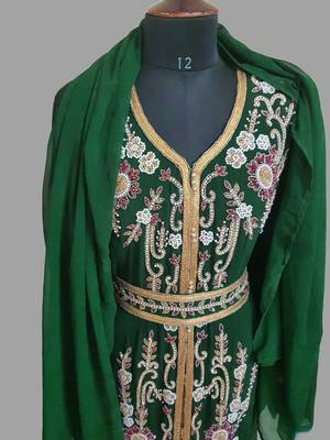Dark Green color Handmade Moroccan Kaftan with hijjab 4