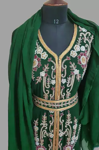 Dark Green color Handmade Moroccan Kaftan with hijjab