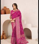 Pink woven banarasi soft silk blend saree with blouse