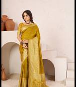 Yellow woven banarasi soft silk blend saree with blouse