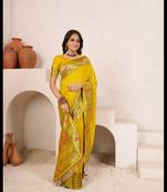 Yellow woven banarasi soft silk blend saree with blouse