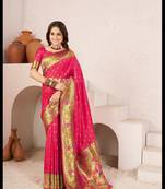 Peach woven banarasi soft silk blend saree with blouse