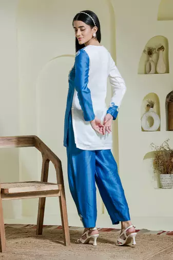 White & blue embroidered 2 piece kurta set