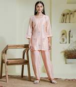 Peach & lilac hand embroidered 2 piece kurta set