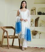 White & blue hand embroidered 3 piece kurta set
