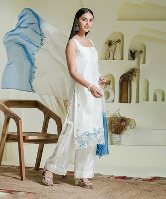 White & blue hand embroidered 3 piece kurta set 3