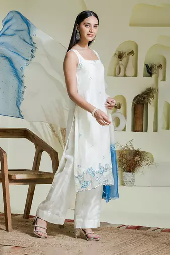 White & blue hand embroidered 3 piece kurta set