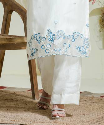 White & blue hand embroidered 3 piece kurta set 4