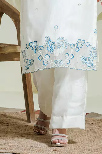 White & blue hand embroidered 3 piece kurta set