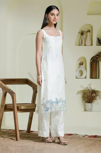 White & blue hand embroidered 3 piece kurta set