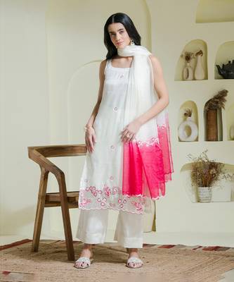 White & pink hand embroidered three piece kurta set 1
