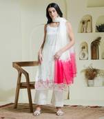 White & pink hand embroidered three piece kurta set