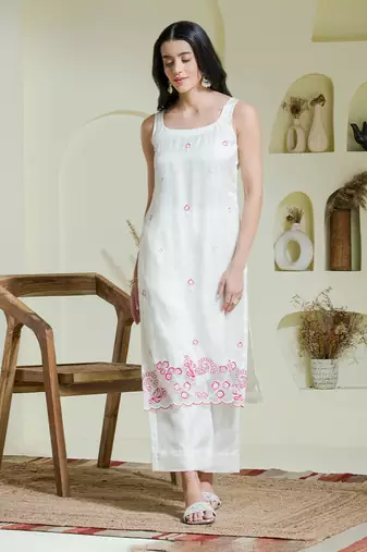 White & pink hand embroidered three piece kurta set