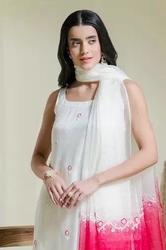 White & pink hand embroidered three piece kurta set