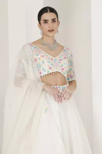 White Floral Hand Embroidered Lehenga Set