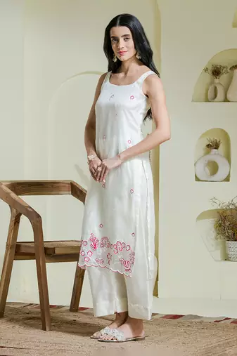White & pink hand embroidered three piece kurta set