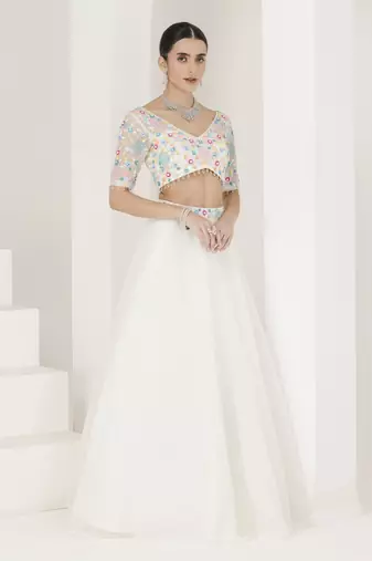 White Floral Hand Embroidered Lehenga Set