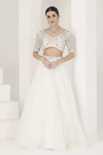 White Floral Hand Embroidered Lehenga Set