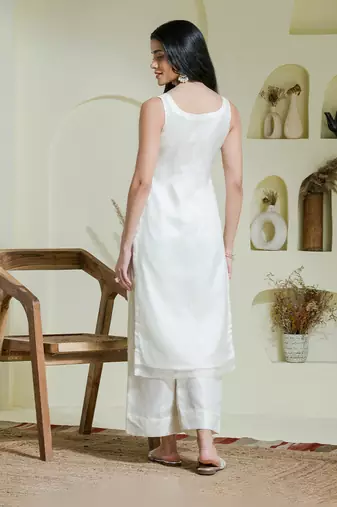 White & pink hand embroidered three piece kurta set
