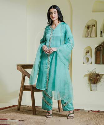 Sea green hand embroidered three piece kurta set 1