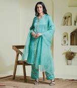 Sea green hand embroidered three piece kurta set