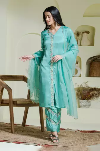 Sea green hand embroidered three piece kurta set