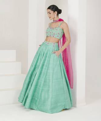 Sea Green & Ruby Pink Hand Embroidered Lehenga Set 1