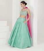 Sea Green & Ruby Pink Hand Embroidered Lehenga Set