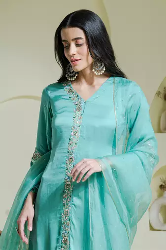 Sea green hand embroidered three piece kurta set