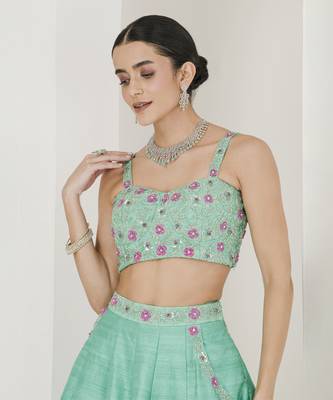Sea Green & Ruby Pink Hand Embroidered Lehenga Set 2